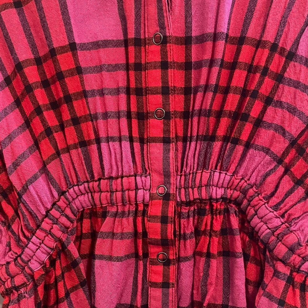 FP We The Free Pacific Dawn Drawstring Plaid Shirt Red Pink Black Button Down - Picture 7 of 10